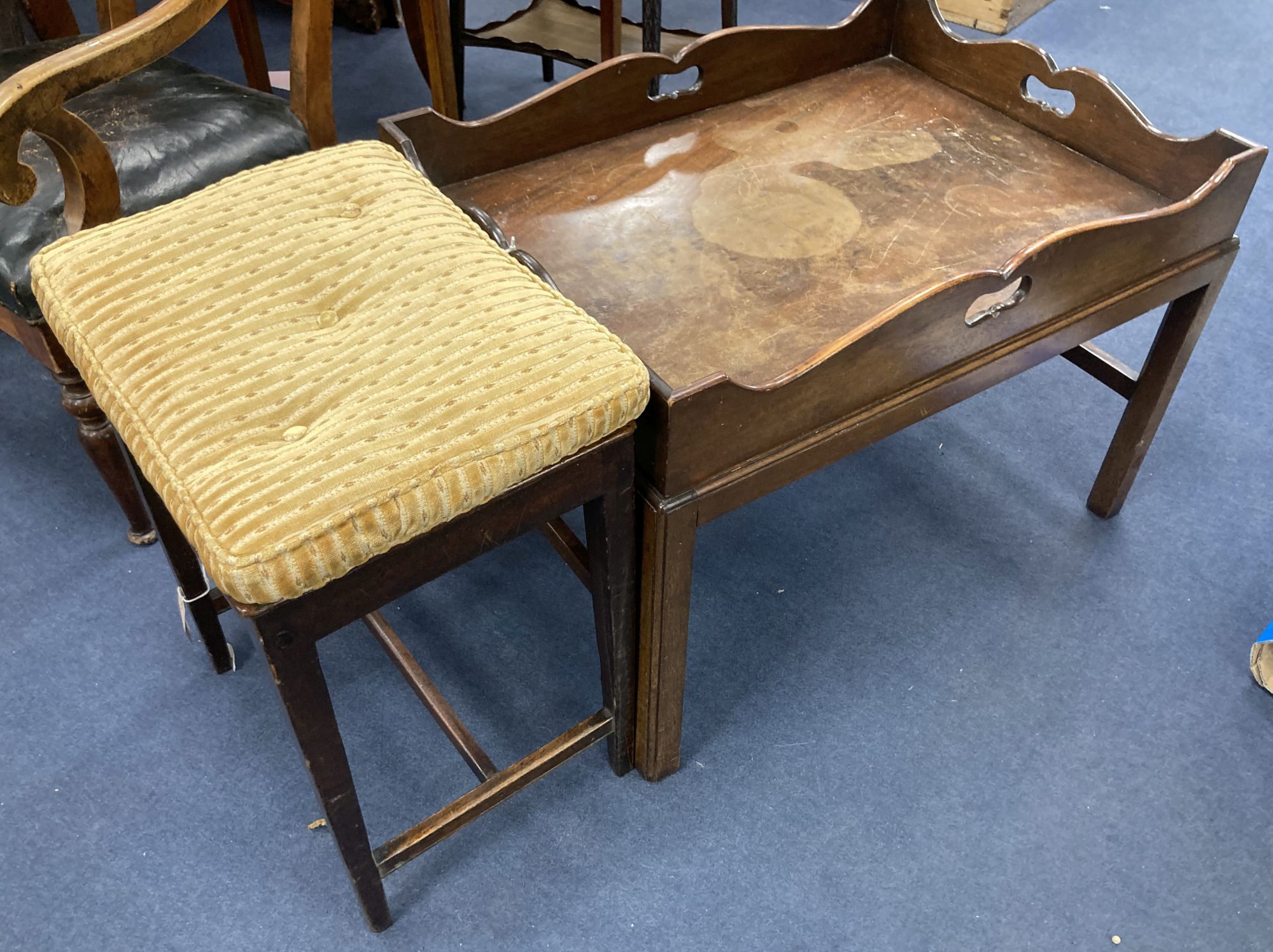 A butlers tray table, width 78cm depth 56cm height 54cm, and a Georgian mahogany stool